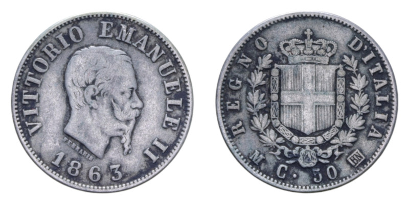 VITT. EMANUELE II (1861-1878) 50 CENT. MILANO STEMMA R AG. 2,40 GR. qBB