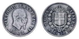 VITT. EMANUELE II (1861-1878) 50 CENT. MILANO STEMMA R AG. 2,40 GR. qBB