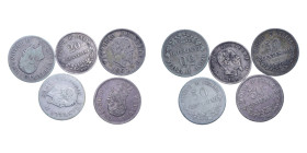 VITT. EMANUELE II (1861-1878) 50+20 CENT. 1863 MILANO-TORINO VALORE AG. LOTTO 5 MONETE VARIE CONSERVAZIONI