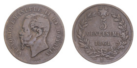 VITT. EMANUELE II (1861-1878) 5 CENT. 1861 BOLOGNA RR CU, 4,70 GR. MB-BB/BB
