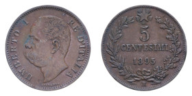 UMBERTO I (1878-1900) 5 CENT. 1895 ROMA R CU. 5,04 GR. BB-SPL (COLPO)