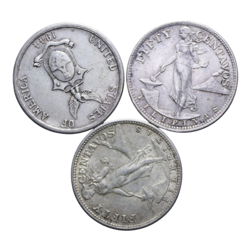 FILIPPINE LOTTO 3 MONETE 50 CENTAVOS AG. VARIE CONSERVAZIONI
