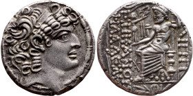 Philip I Philadelphos (Seleukid kings: 95-75 BC). Tetradrachm. Obv.: Diademed head to right. Rev.: Zeus Nikephoros seated to left on throne, holding s...