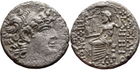 Philip I Philadelphos (Seleukid kings: 95-75 BC). Tetradrachm. Obv.: Diademed head to right. Rev.: Zeus Nikephoros seated to left on throne, holding s...