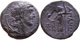 Alexander I Ballas (Seleukid king: 150-145) Bronze. Obv: Bust of king  Rev: ΑΠAMEΩN, Zeus standing left holding corinthian helmet in right hand and sc...
