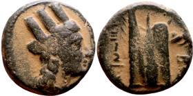 Phoenicia (III – I Century BC) bronze. Obv: Bust of Tyche. Rev: Galley
