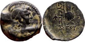 Antiochos VII (Seleukid King: 138-129 BC). AE bronze. Obv.: Bust of winged Eros right. Rev.: Headdress of Isis