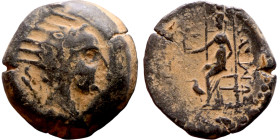 Antiochos IV Epiphanes (Seleukid King: 175-164 BC). AE bronze. Obv.: Radiate and diademed head right. Rev.: BAΣIΛEΩΣ ANTIOXOY EΠIΦANOYΣ, Zeus seated l...