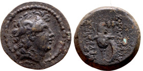 Tryphon (Seleukid King: 142-138 BC). AE bronze. Obv.: diademed bust of Tryphonos right. Rev.:ΒΑΣΙΛΕΩΣ ΤΡΥΦΩΝΟΣ (AY)ΤΟΚΡΑΤΟΡΟΣ, macedonian helmet decor...