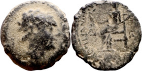 Antiochos IV Epiphanes (Seleukid King: 175-164 BC). AE bronze. Obv.: Radiate and diademed head right. Rev.: BAΣIΛEΩΣ ANTIOXOY EΠIΦANOYΣ, Zeus seated l...
