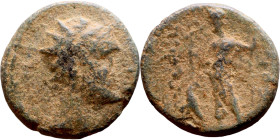 Antiochos IV Epiphanes (Seleukid King: 121-96 BC). AE bronze. Obv.: : Radiate, diademed head of Antiochus IV right Rev: Zeus standing left, holding th...