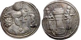 Varahran (Bahram) II. AR Drachm Obv:  Jugate busts of Varahran, wearing winged crown with korymbos, and his queen, wearing kolah with boar’s head, rig...