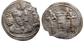 Varahran (Bahram) II. AR Drachm Obv:  Jugate busts of Varahran, wearing winged crown with korymbos, and his queen, wearing kolah with boar’s head, rig...