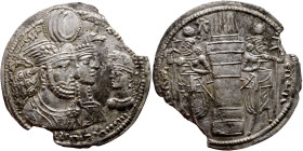 Varahran (Bahram) II. AR Drachm Obv:  Jugate busts of Varahran, wearing winged crown with korymbos, and his queen, wearing kolah with boar’s head, rig...