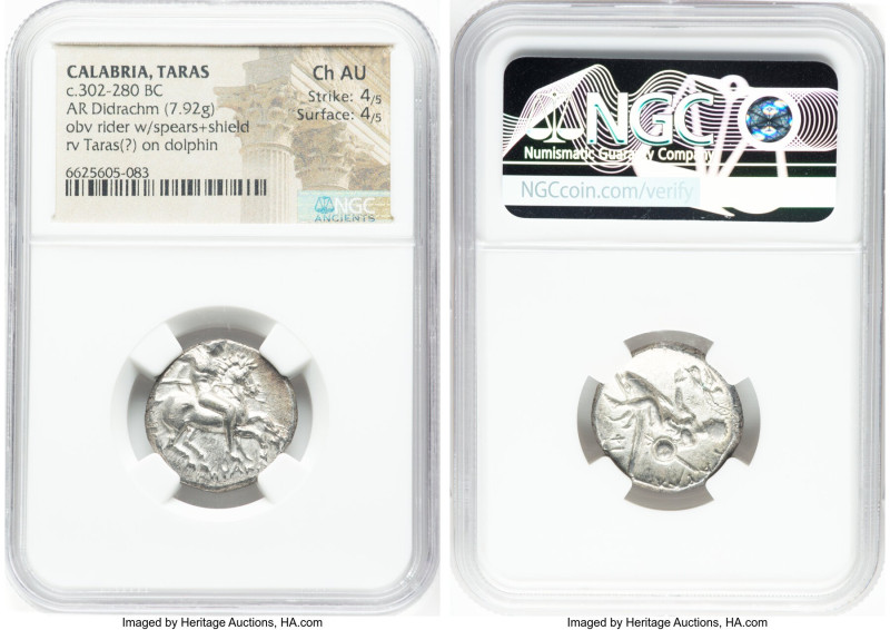 CALABRIA. Tarentum. Ca. 302-280 BC. AR didrachm (21mm, 7.92 gm, 3h). NGC Choice ...