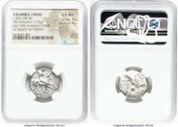 CALABRIA. Tarentum. Ca. 302-280 BC. AR didrachm (21mm, 7.92 gm, 3h). NGC Choice AU 4/5 - 4/5. Heracl-, magistrate. Nude warrior on horseback rearing r...