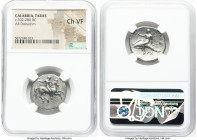 CALABRIA. Tarentum. Ca. 302-280 BC. AR didrachm (23mm, 6h). NGC Choice VF. Sa- and He- as magistrates. Nude rider on horseback galloping right, whip i...