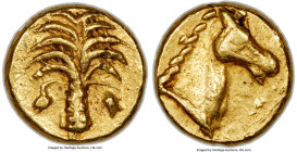 ZEUGITANA. Carthage. Ca. 350-290 BC. AV 1/10 stater (7mm, 0.75 gm, 3h). NGC XF 5/5 - 3/5, edge marks. Palm tree with two date-clusters / Horse head ri...