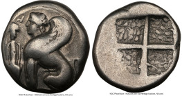 IONIAN ISLANDS. Chios. Ca. 435-350 BC. AR drachm (14mm). NGC Fine, brushed. Sphinx seated left; bunch of grapes above amphora before / Quadripartite i...