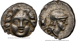 PISIDIA. Selge. Ca. 4th century BC. AR obol (10mm, 0.94 gm, 11h). NGC AU 5/5 - 4/5. Head of gorgoneion / Head of Athena right, wearing crested, winged...
