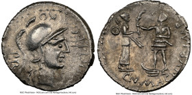 Cnaeus Pompeius Junior (46-45 BC). AR denarius (20mm, 3.97 gm, 7h). NGC Choice XF 4/5 - 3/5. Uncertain mint in Spain (Corduba), summer 46 BC-spring 45...