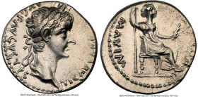 Tiberius (AD 14-37). AR denarius (18mm, 3.83 gm, 7h). NGC Choice AU 4/5 - 2/5, brushed. Lugdunum, ca. AD 18-35. TI CAESAR DIVI-AVG F AVGVSTVS, laureat...