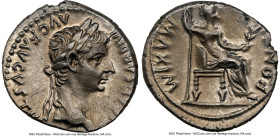 Tiberius (AD 14-37). AR denarius (18mm, 3.76 gm, 11h). NGC AU 4/5 - 3/5, light scratches. Lugdunum, ca. AD 18-35. TI CAESAR DIVI-AVG F AVGVSTVS, laure...