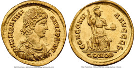 Valentinian II, Western Roman Empire (AD 375-392). AV solidus (20mm, 4.43 gm, 7h). NGC Choice XF 5/5 - 2/5, bent, marks, brushed. Constantinople, 6th ...