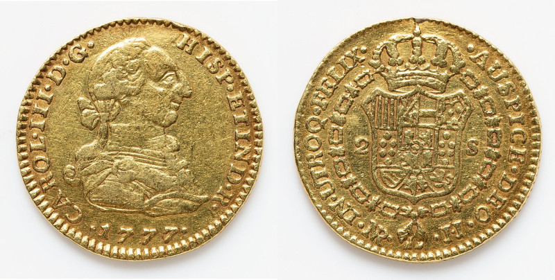 Charles III gold 2 Escudos 1777 NR-JJ About XF, Nuevo Reino (Bogota) mint, KM49....