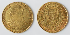 Charles III gold 8 Escudos 1786 NR-JJ XF, Nuevo Reino (Bogota) mint, KM50.1a. 36.8mm. 26.98gm. HID09801242017 © 2024 Heritage Auctions | All Rights Re...