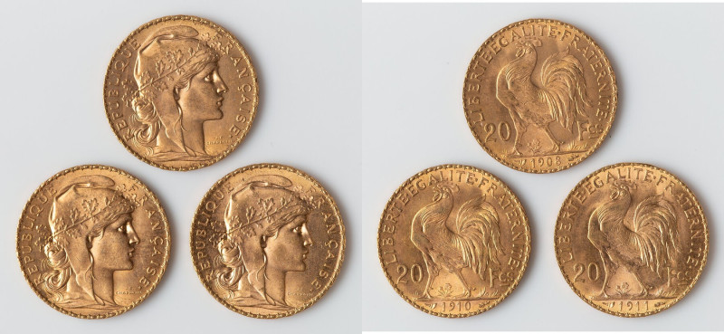 Republic 3-Piece Lot of Uncertified gold 20 Francs UNC, Paris mint, KM857, Fr-53...