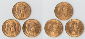 Republic 3-Piece Lot of Uncertified gold 20 Francs UNC, Paris mint, KM857, Fr-535. Lot includes following dates 1908 (1), 1910 (1), and 1911 (1). 21mm...