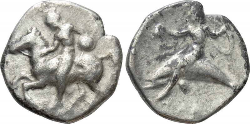 CALABRIA. Tarentum. Nomos (Circa 400-390 BC). 

Obv: Warrior, holding shield a...