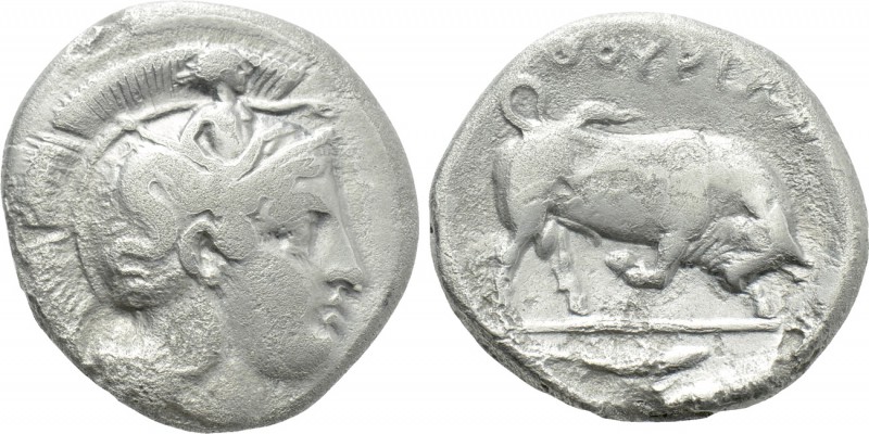 LUCANIA. Thourioi. Nomos (Circa 400-350 BC). 

Obv: Helmeted head of Athena ri...