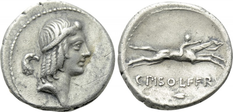 C. PISO L.F. FRUGI. Denarius (61 BC). Rome. 

Obv: Head of Apollo right, weari...