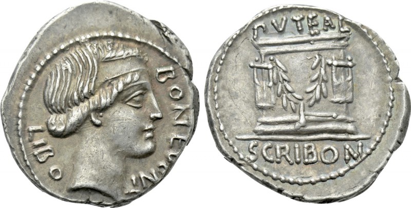 L. SCRIBONIUS LIBO. Denarius (62 BC). Rome. 

Obv: BON EVENT / LIBO. 
Diademe...