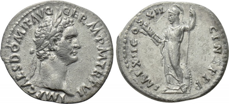 DOMITIAN (81-96). Denarius. Rome. 

Obv: IMP CAES DOMIT AVG GERM P M TR P VI. ...