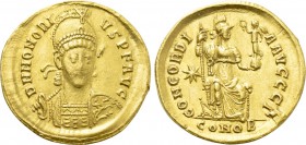 HONORIUS (393-423). GOLD Solidus. Constantinople.