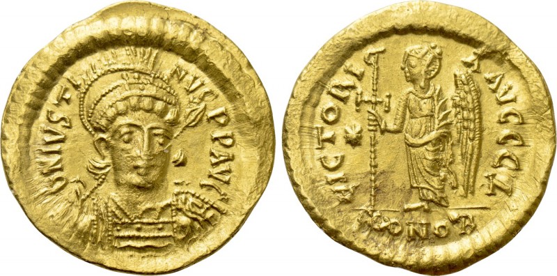 JUSTIN I (518-527). GOLD Solidus. Constantinople. 

Obv: D N IVSTINVS P P AVG....