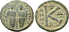JUSTIN II with SOPHIA (565-578). Half Follis. Military mint imitating Thessalonica. Dated RY 4 (568/9).