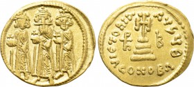 HERACLIUS with HERACLIUS CONSTANTINE and HERACLONAS (610-641). GOLD Solidus. Constantinople. Dated IY 12 (638/9).