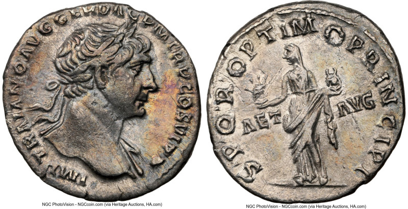 Trajan (AD 98-117). AR denarius (18mm, 3.13 gm, 7h). NGC XF 5/5 - 2/5, marks, br...