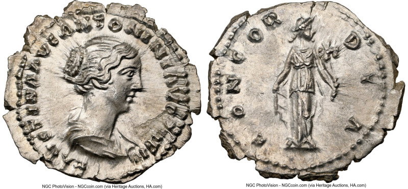 Faustina Junior (AD 147-175/6). AR denarius (20mm, 6h). NGC AU, flan flaw. Rome....