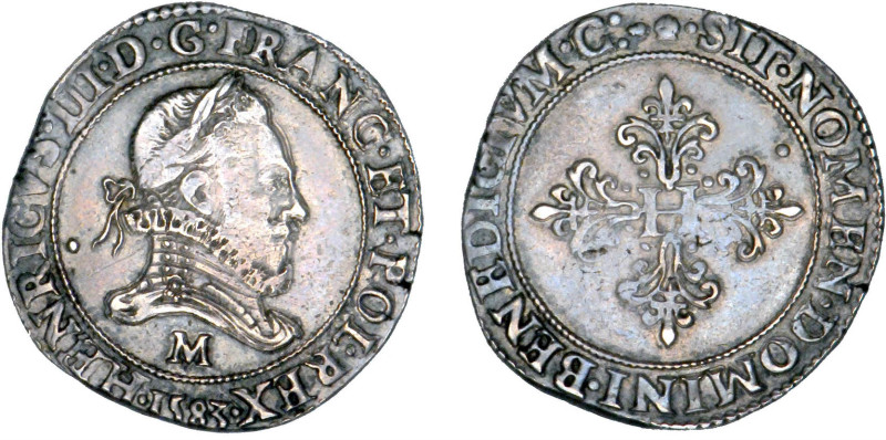 HENRI III (1574-1589)
Franc au col fraisé
1583 M - TTB 40 (TTB+)
Beau flan la...