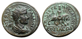 Gallienus (253-268). Phrygia, Cotiaeum. Æ (22mm, 10.06g, 6h). Diogenes, son of Dionysius, magistrate. Radiate, draped and cuirassed bust r., seen from...