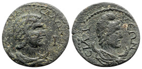 Salonina (Augusta, 254-268). Pamphylia, Sillyum. Æ 10 Assaria (36mm, 18.60g, 12h). Draped bust of Salonina r., set on crescent. R/ Draped bust of Mên ...