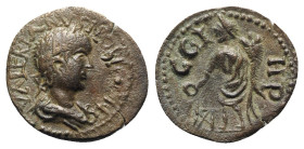 Valerian II (Caesar, 256-258). Mysia, Parium. Æ (22mm, 4.86g, 6h). Laureate, draped and cuirassed bust r. R/ Genius standing l., holding patera over a...
