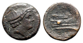 Anonymous, Rome, 217-215 BC. Æ Semuncia (19mm, 6.49g, 1h). Head of Mercury r., wearing winged petasus. R/ Prow r. Crawford 38/7; RBW 101-2. VF
