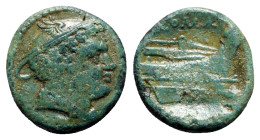 Anonymous, Rome, 217-215 BC. Æ Semuncia (20mm, 5.49g, 12h). Head of Mercury r., wearing winged petasus. R/ Prow r. Crawford 38/7; RBW 100. Green patin...