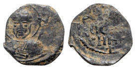Crusaders, Antioch. Tancred (Regent, 1101-03, 1104-12). Æ Follis (19mm, 2.96g, 6h). Nimbate facing bust of St. Peter, holding cruciform sceptre. R/ Le...